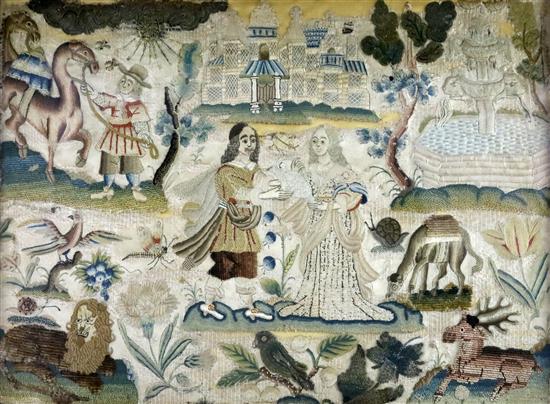 A 17th century English stumpwork panel, 10.75 x 14.5in.